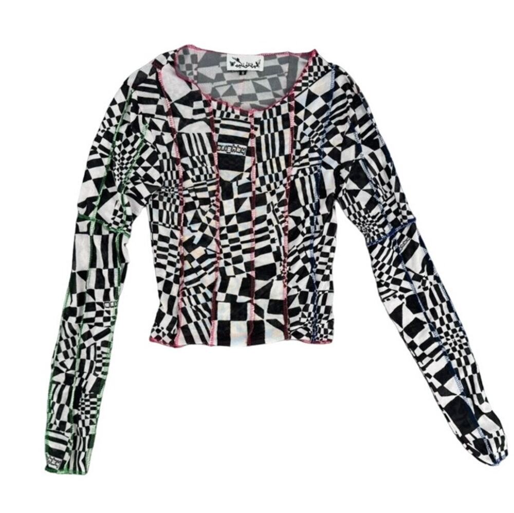 O'Mighty Stevie Mesh Top Long Sleeve Small Geometric Psychedelic Black White